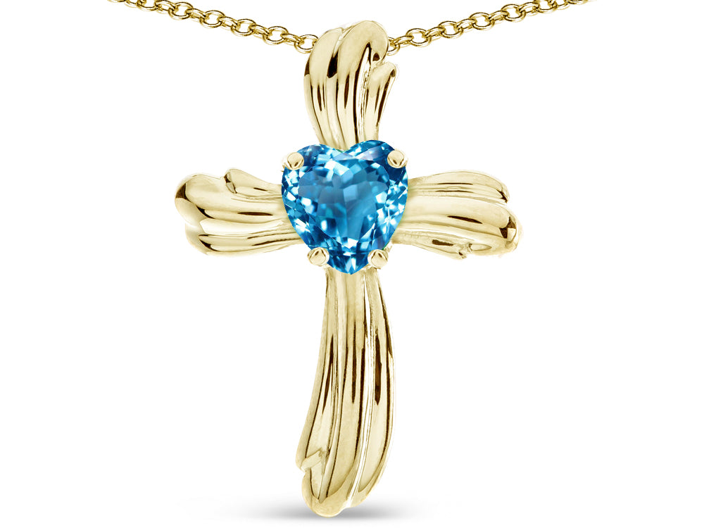 Star K Heart Shape 6mm Genuine Blue Topaz Ribbed Cross Of Love Pendant Necklace 10k Yellow Gold