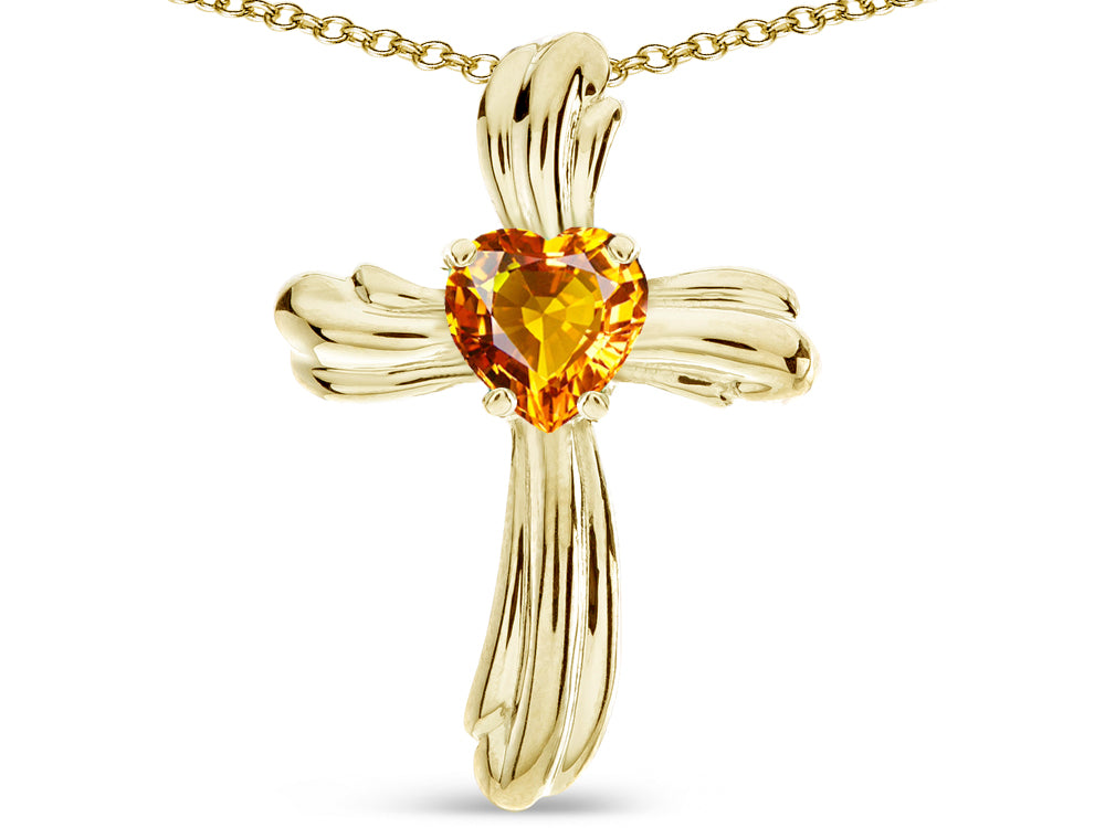 Star K Heart Shape 6mm Genuine Citrine Ribbed Cross Of Love Pendant Necklace 10k Yellow Gold