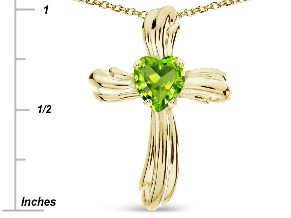Star K Heart Shape 6mm Genuine Peridot Ribbed Cross Of Love Pendant Necklace 10k Yellow Gold