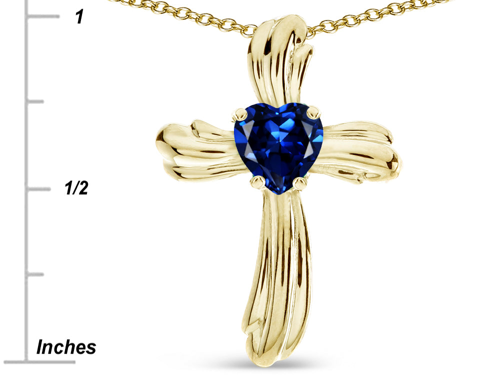 Star K Heart Shape 6mm Created Sapphire Ribbed Cross Of Love Pendant Necklace 10k Yellow Gold