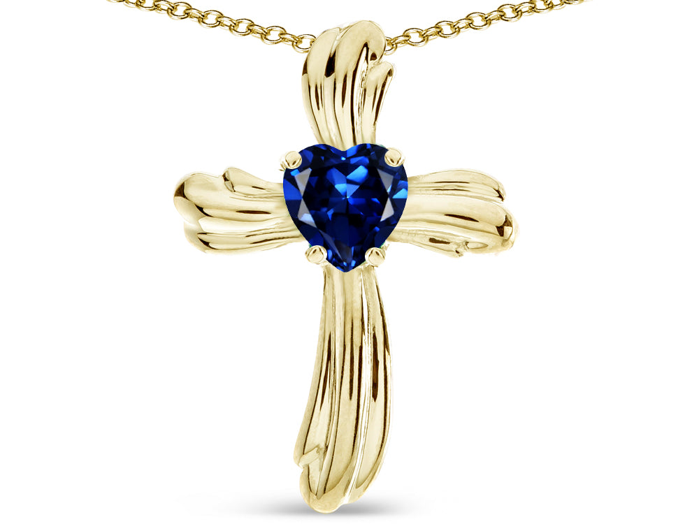 Star K Heart Shape 6mm Created Sapphire Ribbed Cross Of Love Pendant Necklace 10k Yellow Gold