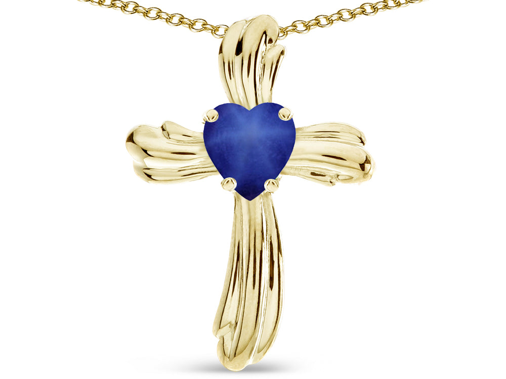 Star K Heart Shape 6mm Created Star Sapphire Ribbed Cross Of Love Pendant Necklace 10k Yellow Gold