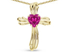 Star K Heart Shape 6mm Simulated Pink Tourmaline Ribbed Cross Of Love Pendant Necklace 10k Yellow Gold