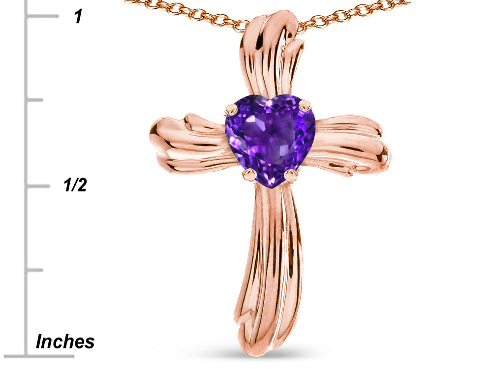 Star K Heart Shape 6mm Genuine Amethyst Ribbed Cross Of Love Pendant Necklace 14k Rose Gold