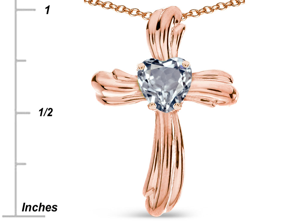 Star K Heart Shape 6mm Genuine Aquamarine Ribbed Cross Of Love Pendant Necklace 14k Rose Gold