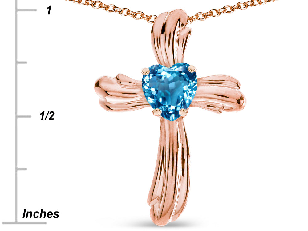 Star K Heart Shape 6mm Genuine Blue Topaz Ribbed Cross Of Love Pendant Necklace 14k Rose Gold