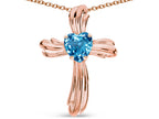 Star K Heart Shape 6mm Genuine Blue Topaz Ribbed Cross Of Love Pendant Necklace 14k Rose Gold