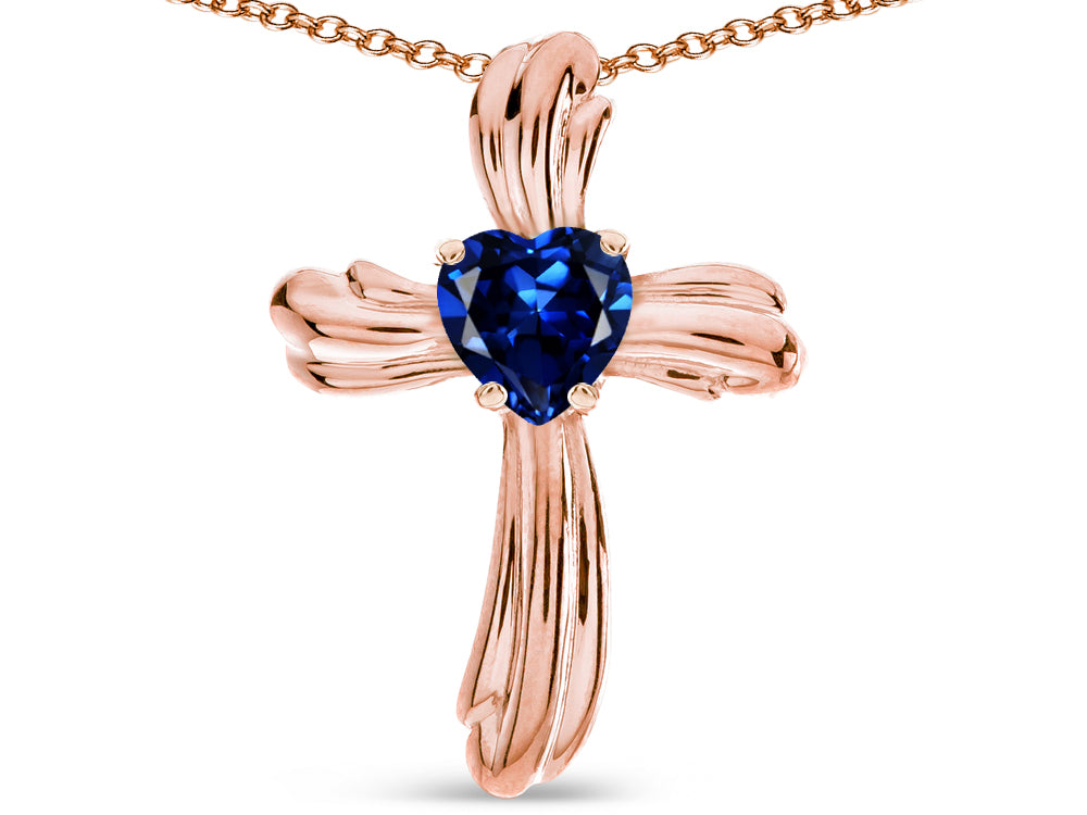 Star K Heart Shape 6mm Created Sapphire Ribbed Cross Of Love Pendant Necklace 14k Rose Gold