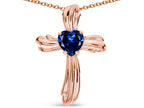 Star K Heart Shape 6mm Created Sapphire Ribbed Cross Of Love Pendant Necklace 14k Rose Gold