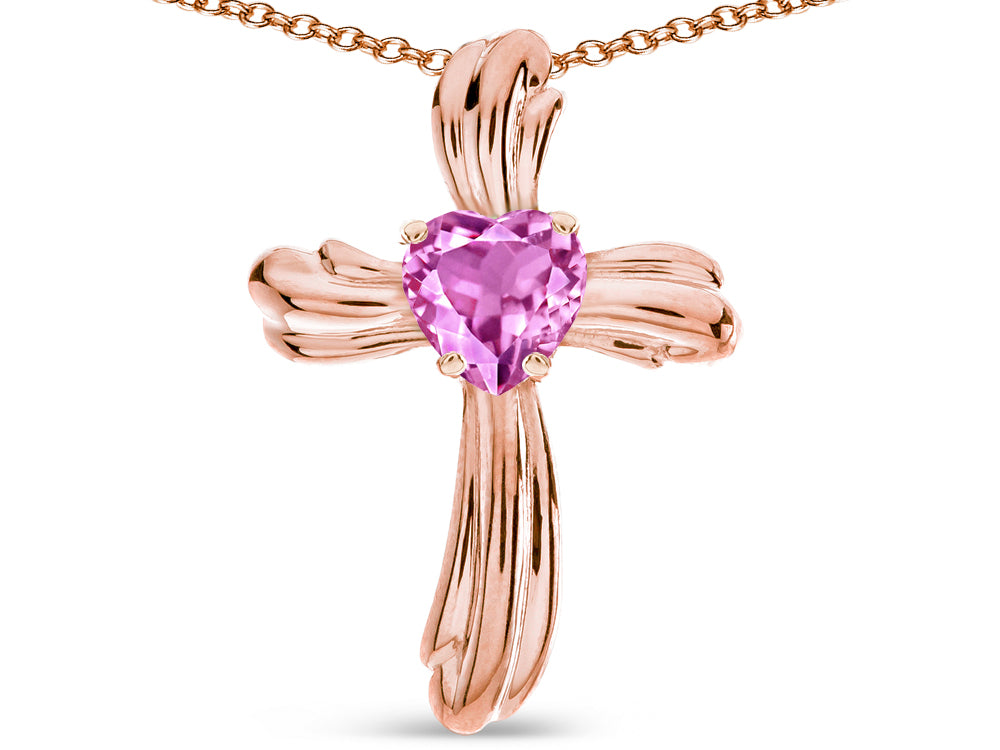 Star K Heart Shape 6mm Created Pink Sapphire Ribbed Cross Of Love Pendant Necklace 14k Rose Gold