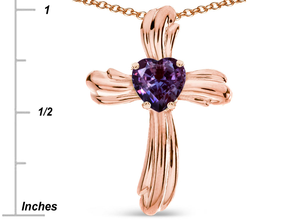 Star K Heart Shape 6mm Simulated Alexandrite Ribbed Cross Of Love Pendant Necklace 14k Rose Gold