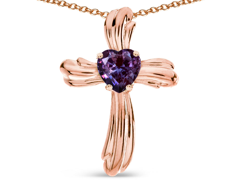 Star K Heart Shape 6mm Simulated Alexandrite Ribbed Cross Of Love Pendant Necklace 14k Rose Gold
