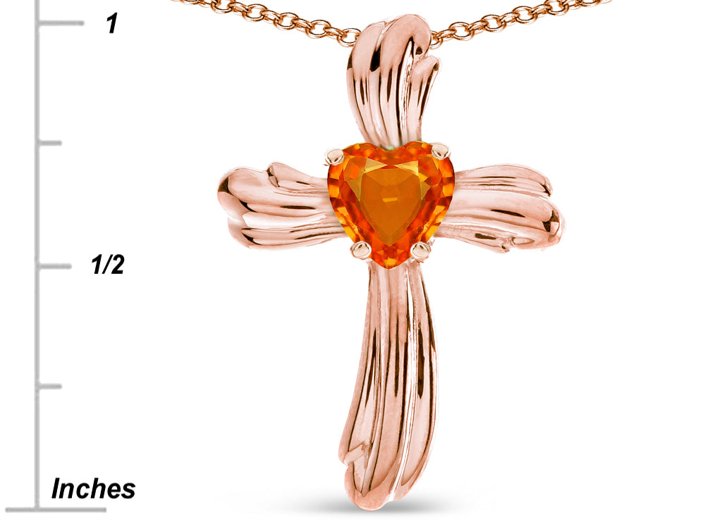 Star K Heart Shape 6mm Simulated Orange Mexican Fire Opal Ribbed Cross Of Love Pendant Necklace 14k Rose Gold