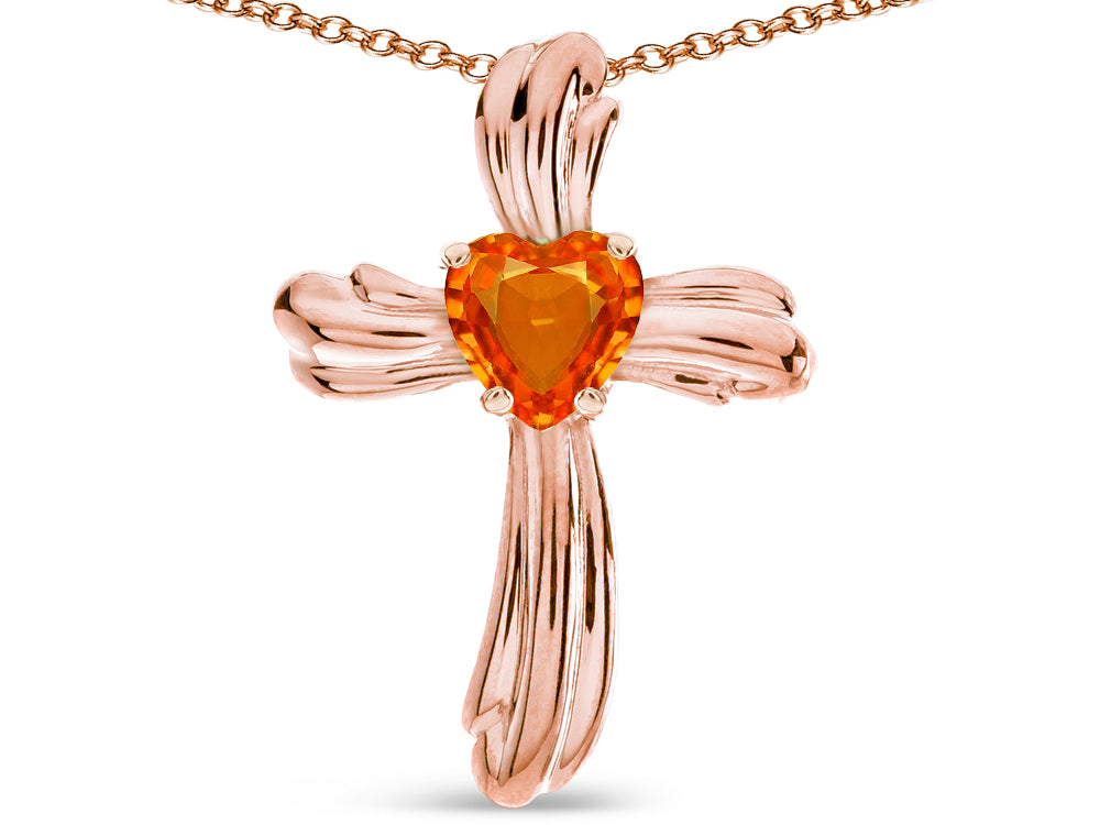 Star K Heart Shape 6mm Simulated Orange Mexican Fire Opal Ribbed Cross Of Love Pendant Necklace 14k Rose Gold