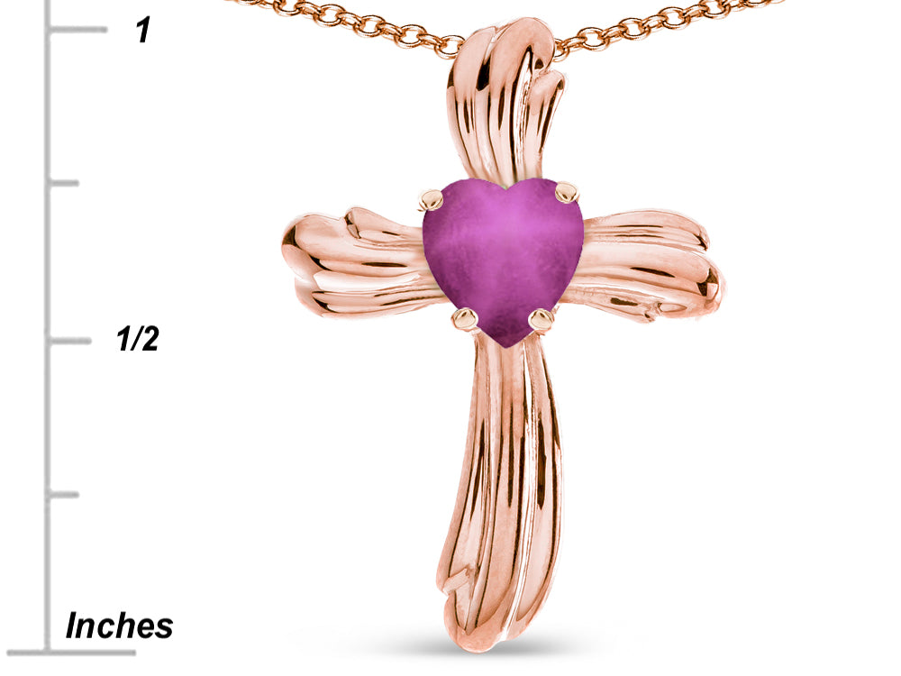Star K Heart Shape 6mm Created Star Ruby Ribbed Cross Of Love Pendant Necklace 14k Rose Gold