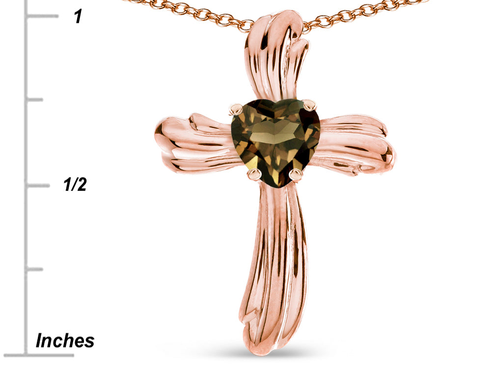 Star K Heart Shape 6mm Genuine Smoky Quartz Ribbed Cross Of Love Pendant Necklace 14k Rose Gold