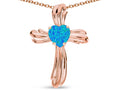Star K Heart Shape 6mm Blue Created Opal Ribbed Cross Of Love Pendant Necklace 14k Rose Gold