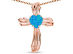 Star K Heart Shape 6mm Blue Created Opal Ribbed Cross Of Love Pendant Necklace 14k Rose Gold