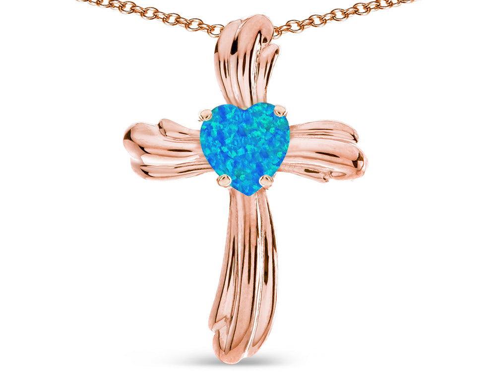 Star K Heart Shape 6mm Blue Created Opal Ribbed Cross Of Love Pendant Necklace 14k Rose Gold