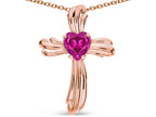 Star K Heart Shape 6mm Simulated Pink Tourmaline Ribbed Cross Of Love Pendant Necklace 14k Rose Gold