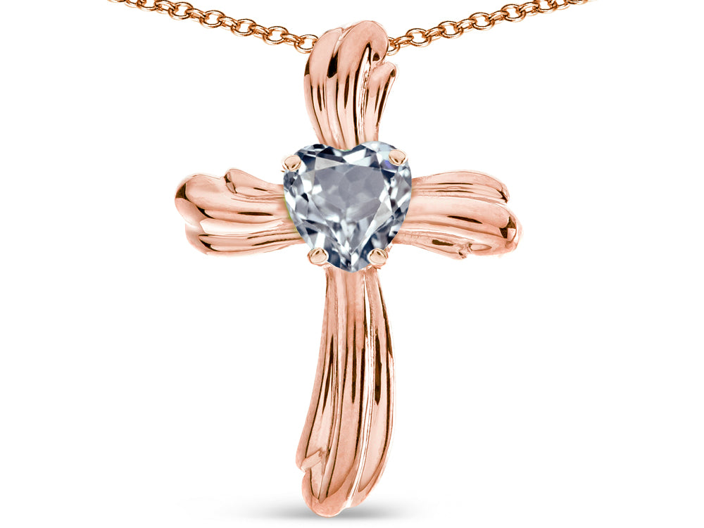 Star K Heart Shape 6mm Genuine Aquamarine Ribbed Cross Of Love Pendant Necklace 10k Rose Gold