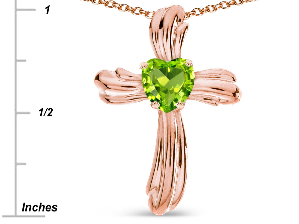Star K Heart Shape 6mm Genuine Peridot Ribbed Cross Of Love Pendant Necklace 10k Rose Gold