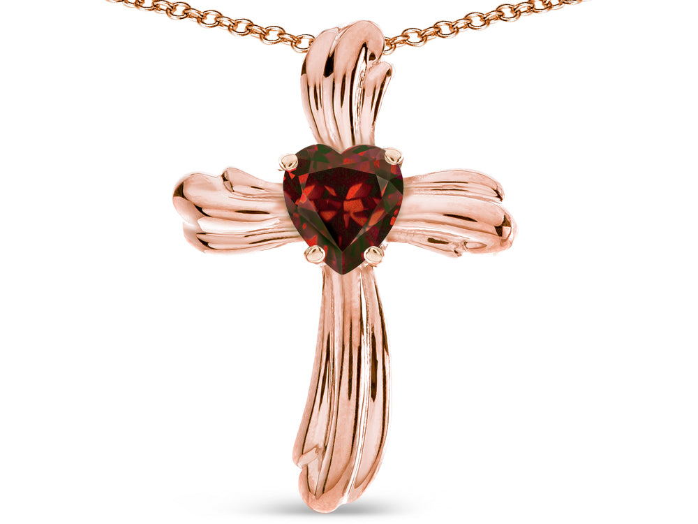 Star K Heart Shape 6mm Genuine Garnet Ribbed Cross Of Love Pendant Necklace 10k Rose Gold