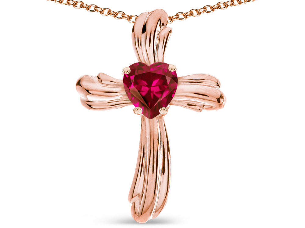 Star K Heart Shape 6mm Created Ruby Ribbed Cross Of Love Pendant Necklace 10k Rose Gold