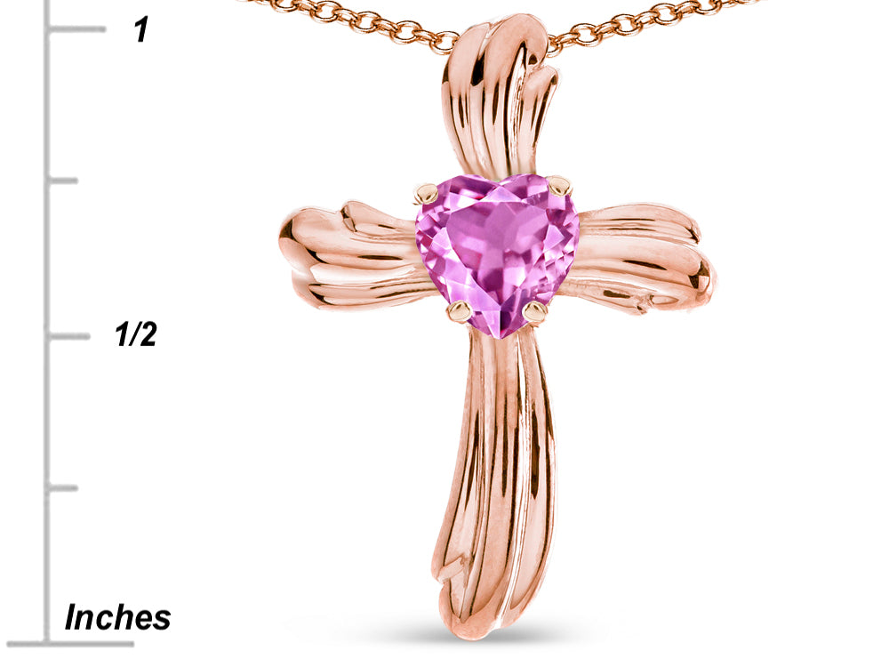 Star K Heart Shape 6mm Created Pink Sapphire Ribbed Cross Of Love Pendant Necklace 10k Rose Gold