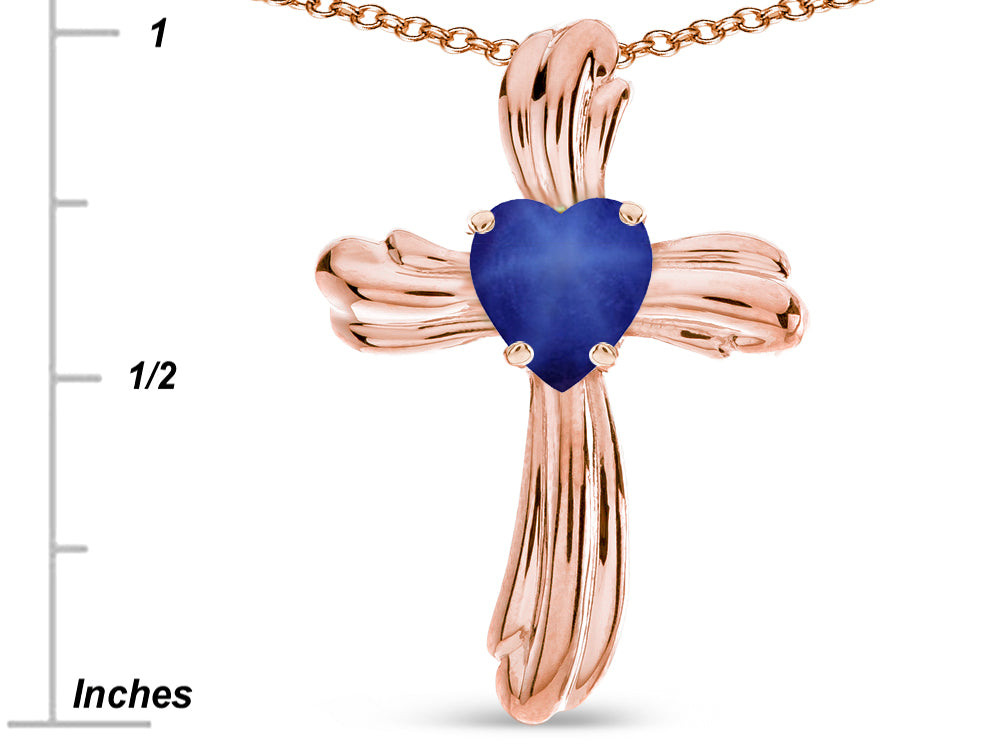 Star K Heart Shape 6mm Created Star Sapphire Ribbed Cross Of Love Pendant Necklace 10k Rose Gold