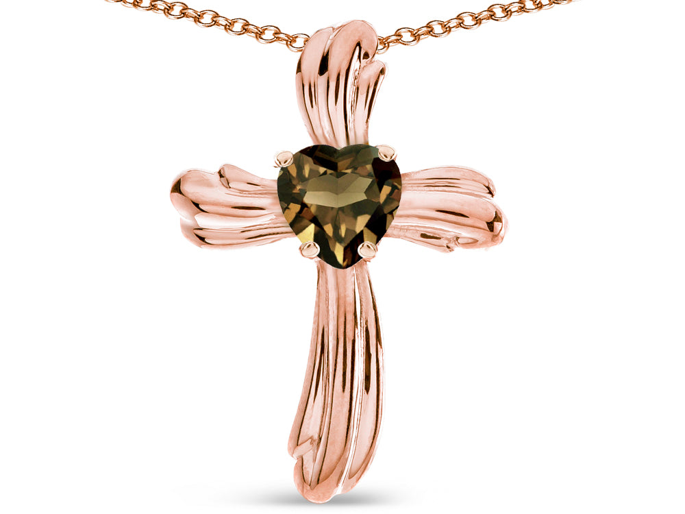 Star K Heart Shape 6mm Genuine Smoky Quartz Ribbed Cross Of Love Pendant Necklace 10k Rose Gold