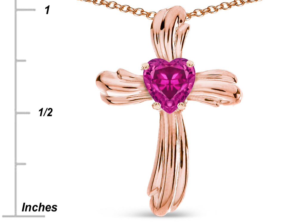Star K Heart Shape 6mm Simulated Pink Tourmaline Ribbed Cross Of Love Pendant Necklace 10k Rose Gold