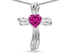 Star K Heart Shape 6mm Simulated Pink Tourmaline Ribbed Cross Of Love Pendant Necklace 10k White Gold