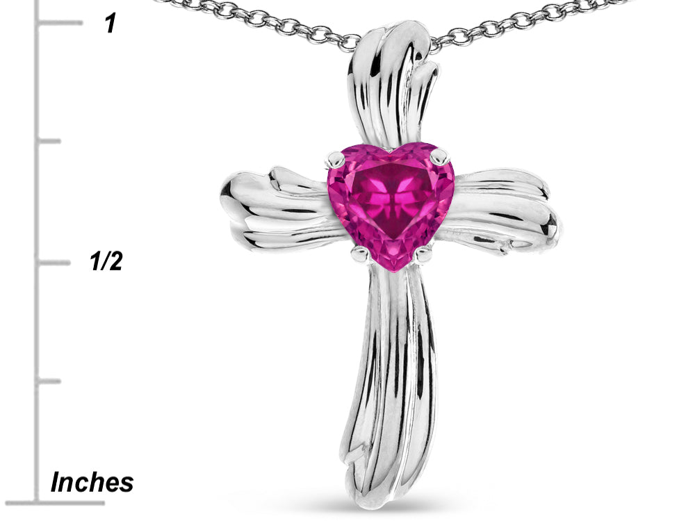 Star K Heart Shape 6mm Simulated Pink Tourmaline Ribbed Cross Of Love Pendant Necklace 14k White Gold
