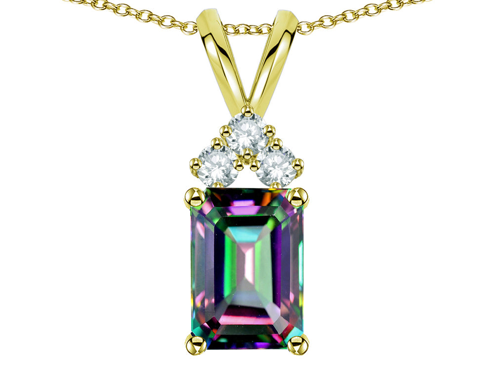 Star K Classic Emerald Octagon Cut 8x6mm Rainbow Mystic Topaz Rabbit Ear Pendant Necklace