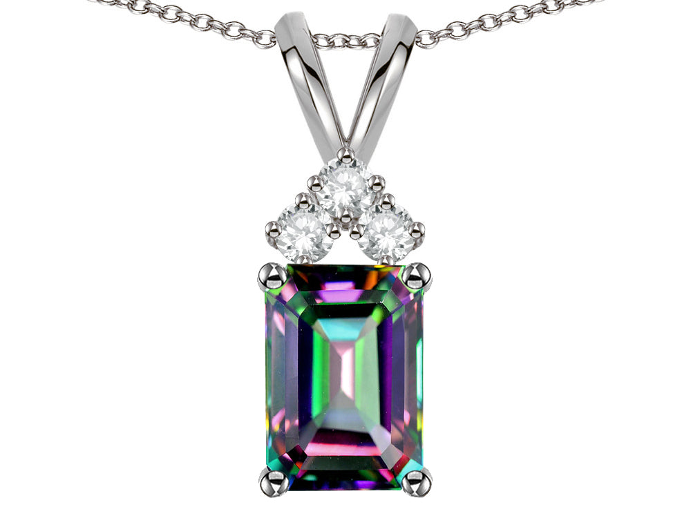 Star K Classic Emerald Octagon Cut 8x6mm Rainbow Mystic Topaz Rabbit Ear Pendant Necklace