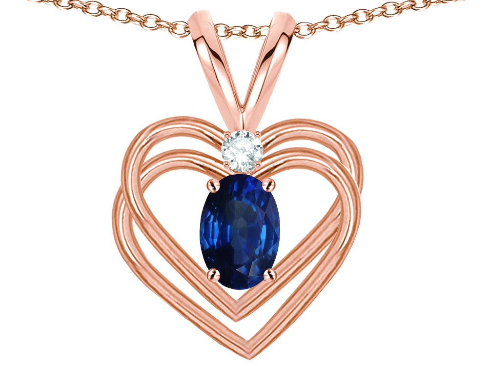 Star K Oval 5x3mm Genuine Sapphire Knotted Double Heart Pendant Necklace