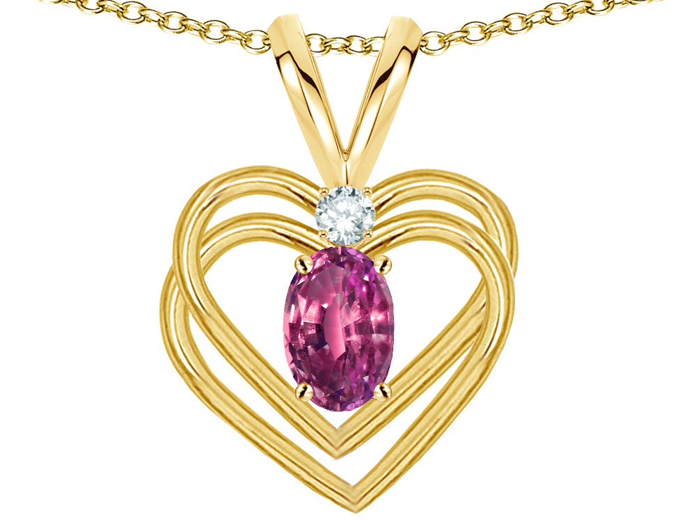 Star K Oval 5x3mm Genuine Pink Tourmaline Knotted Double Heart Pendant Necklace