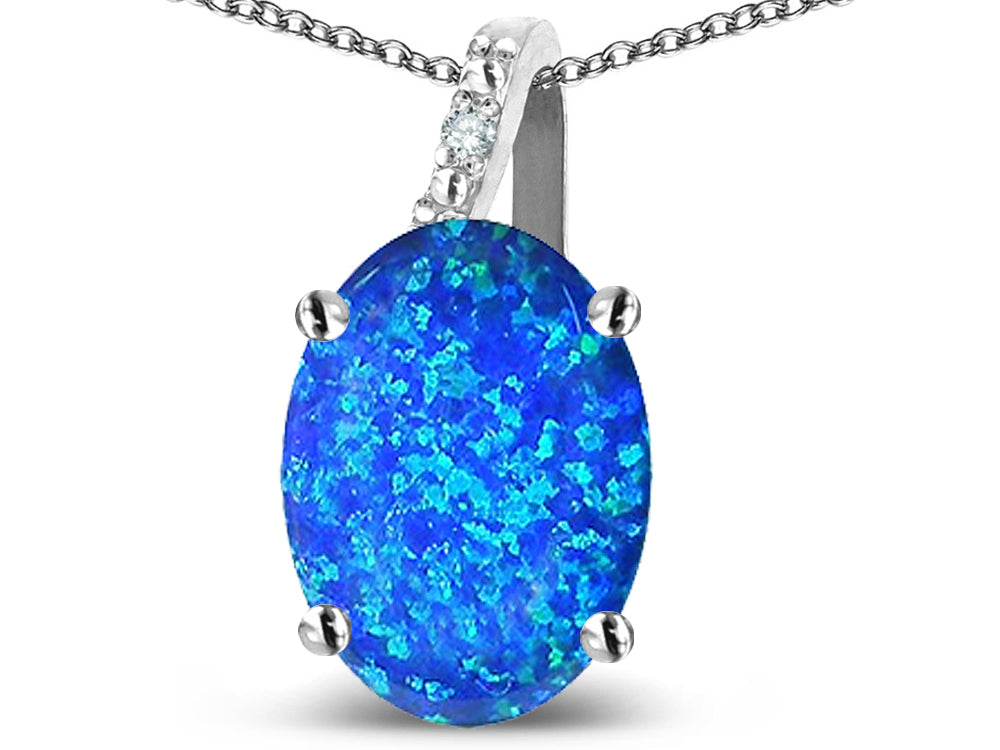 Star K  Oval 9x7 Created Blue Opal Journey Pendant Necklace