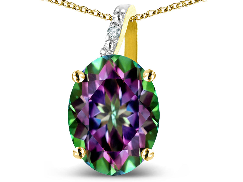 Star K 14k Gold Oval 9x7 Rainbow Mystic Topaz Journey Pendant Necklace