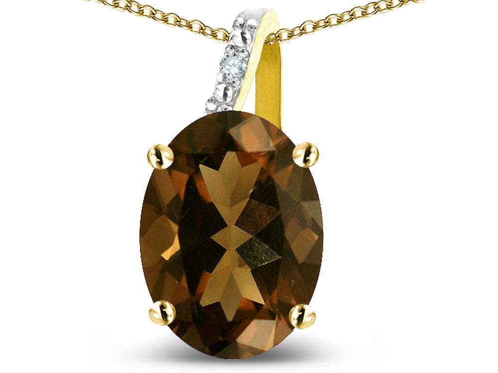 Star K 10k Gold Oval 9x7 Genuine Smoky Quartz Journey Pendant Necklace