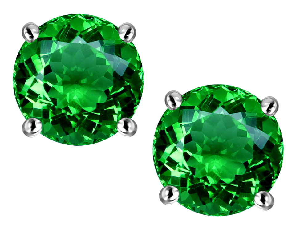 Star K Classic Round  7mm Simulated Emerald Four Prong  Stud Earrings