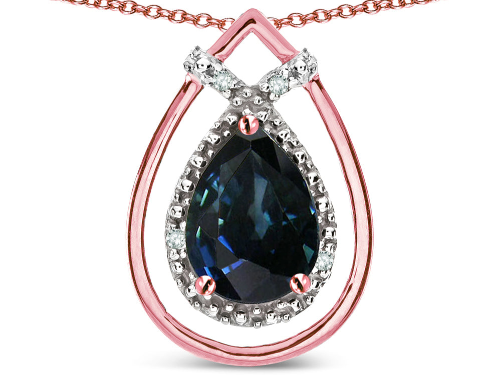 Star K 8x6 Pear Shape Genuine Sapphire Halo Pendant Necklace