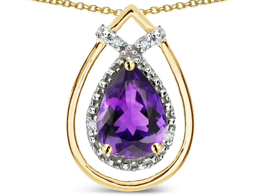 Star K 8x6 Pear Shape Genuine Amethyst Halo Pendant Necklace