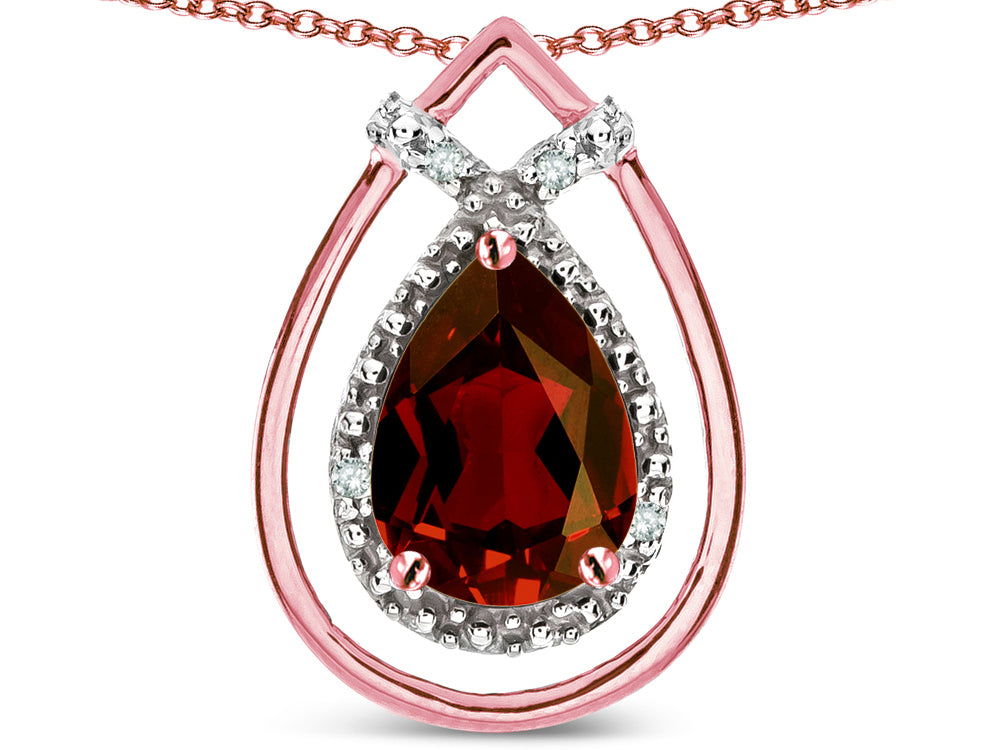 Star K 8x6 Pear Shape Genuine Garnet Halo Pendant Necklace