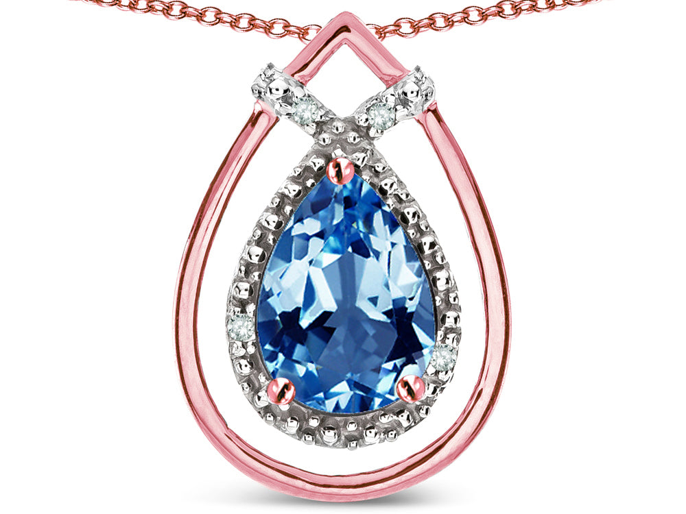 Star K 8x6 Pear Shape Genuine Blue Topaz Halo Pendant Necklace