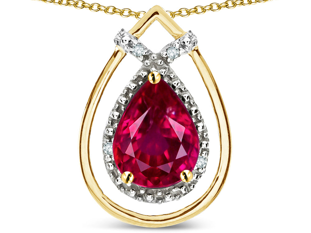 Star K 8x6 Pear Shape Created Ruby Halo Pendant Necklace