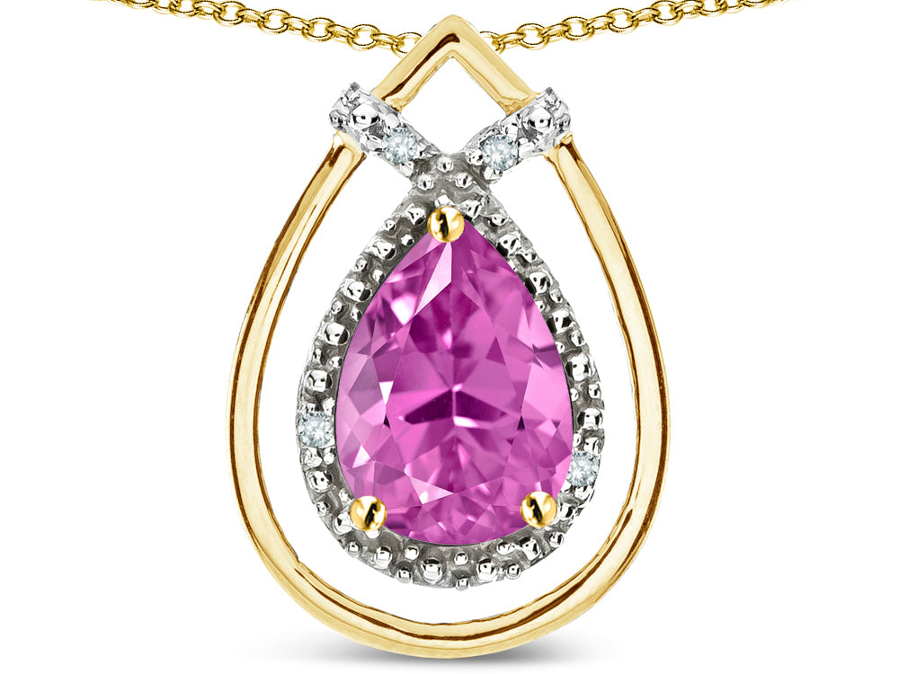 Star K 8x6 Pear Shape Created Pink Sapphire Halo Pendant Necklace