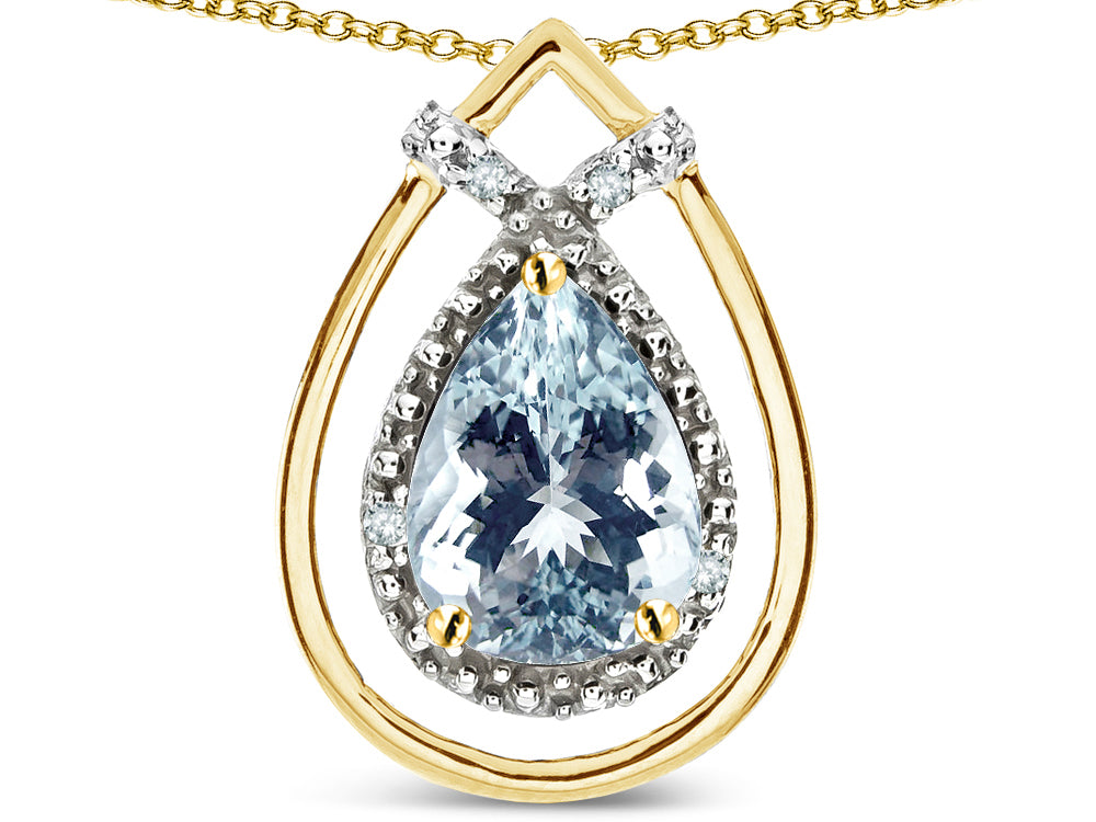 Star K 8x6 Pear Shape Genuine Aquamarine Halo Pendant Necklace