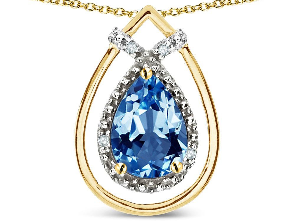 Star K 8x6 Pear Shape Genuine Blue Topaz Halo Pendant Necklace